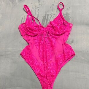 La Senza Size Large Neon Pink Bright Lingerie Teddy Vday Sexy Lace Thong Sheer